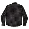 Black shirt with white polka dot pattern on a white background