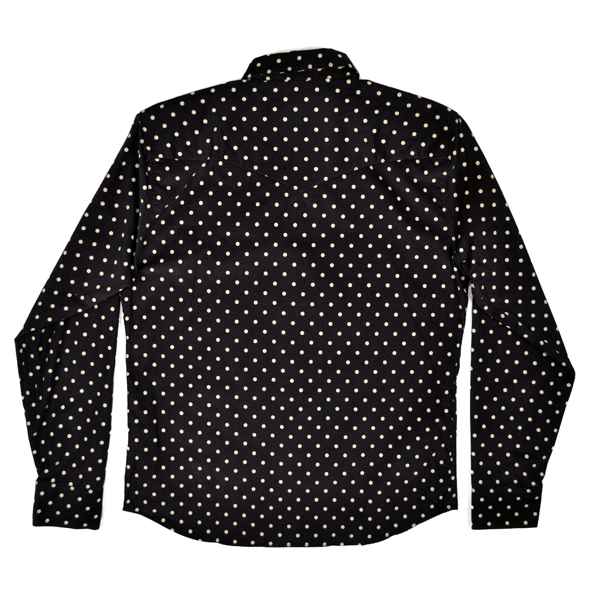 Black shirt with white polka dot pattern on a white background
