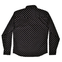 Black shirt with white polka dot pattern on a white background