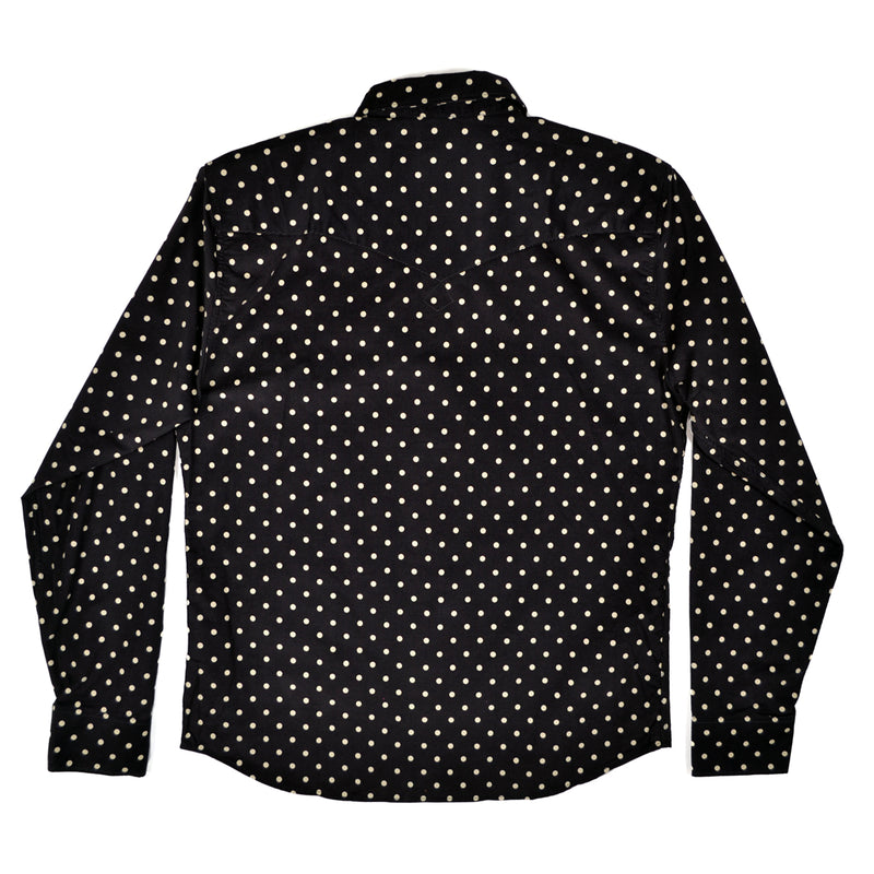 Black shirt with white polka dot pattern on a white background
