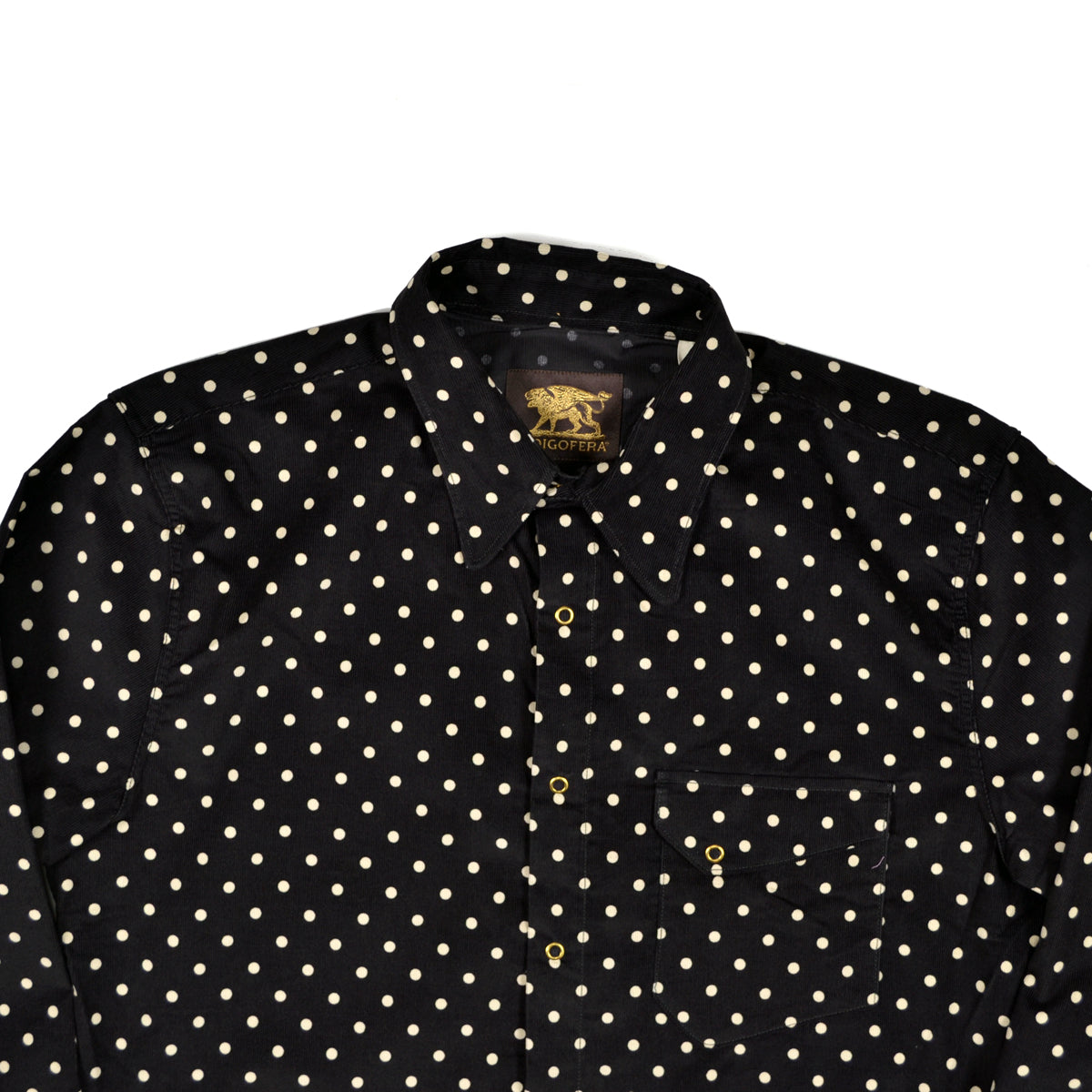 Black shirt with white polka dot pattern on a white background