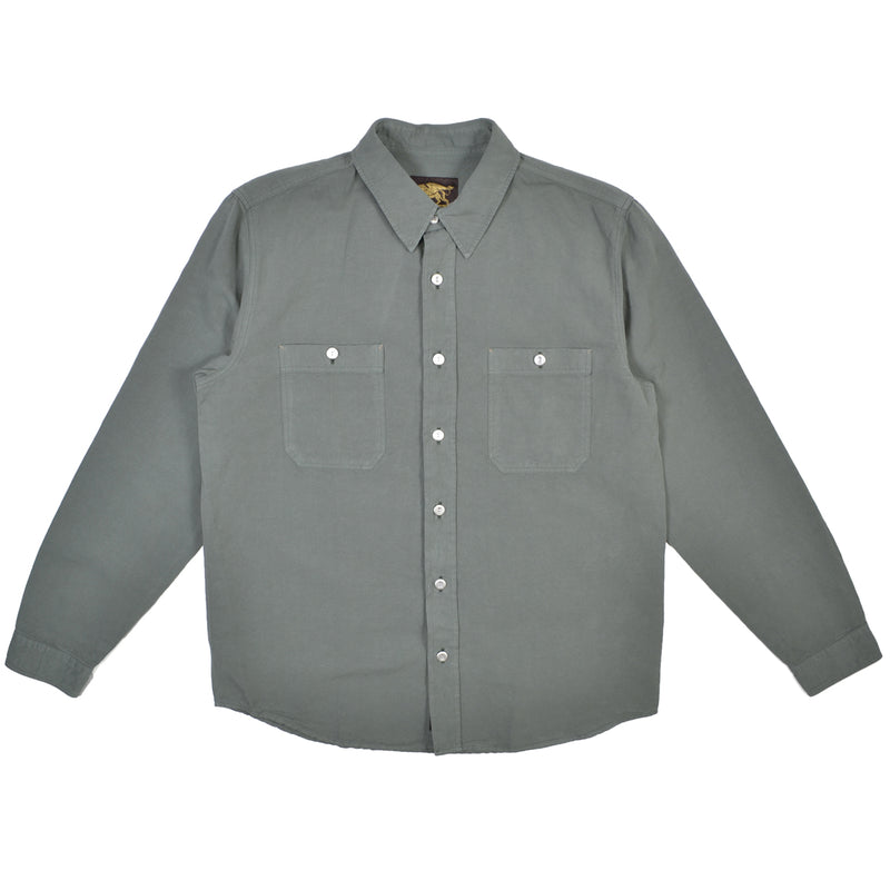 Sage button-up shirt with two front pockets on a white background