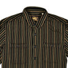 Green and brown striped shirt with a brand logo on a white background