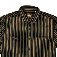 Green and brown striped shirt with a brand logo on a white background