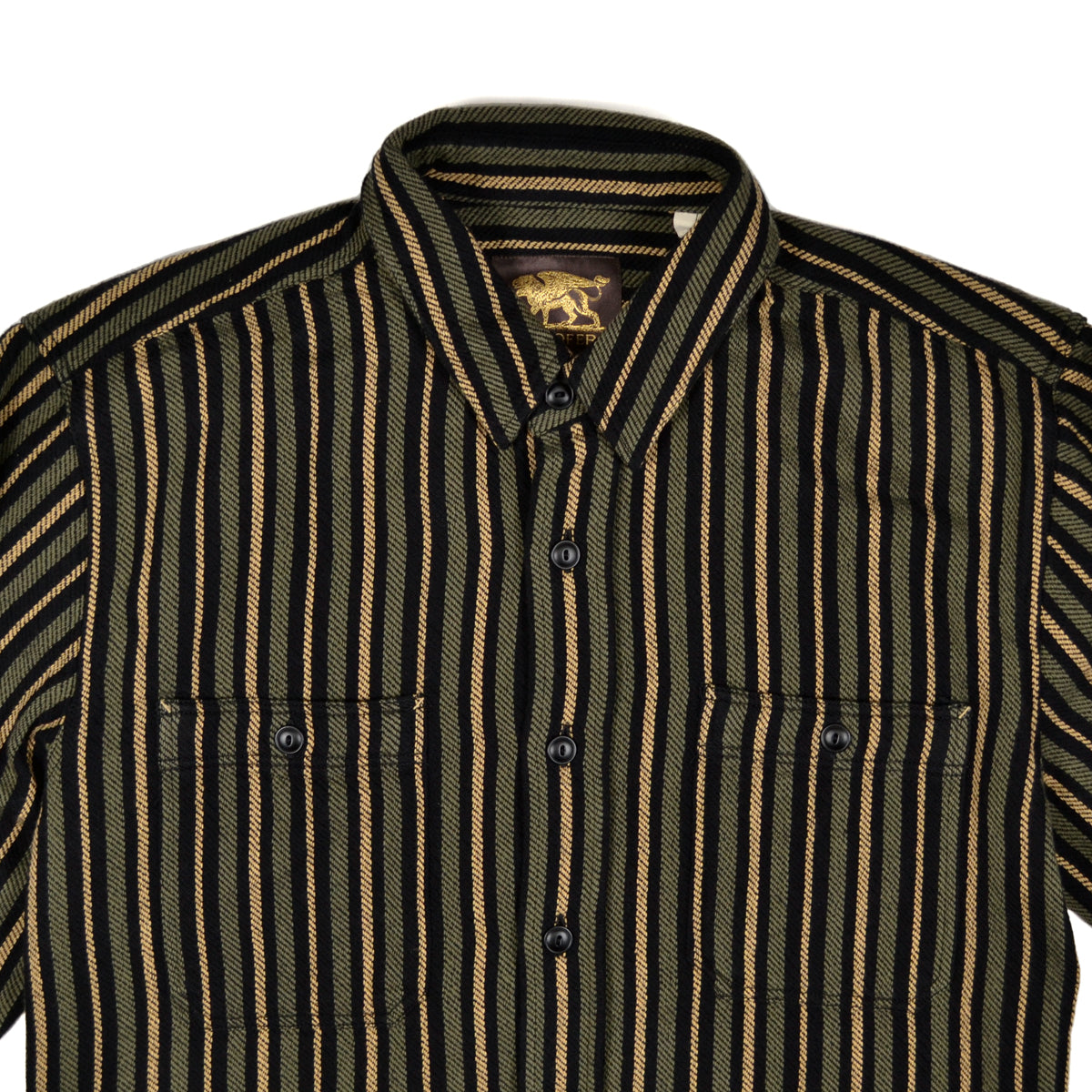 Green and brown striped shirt with a brand logo on a white background
