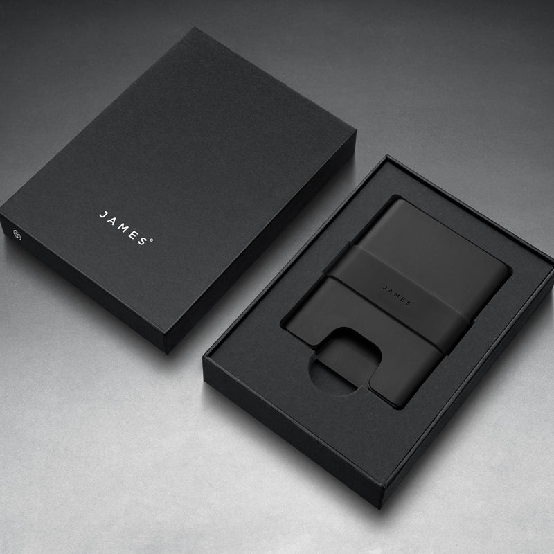 Black wallet and cardholder set with 'JAMES' branding on a gray background