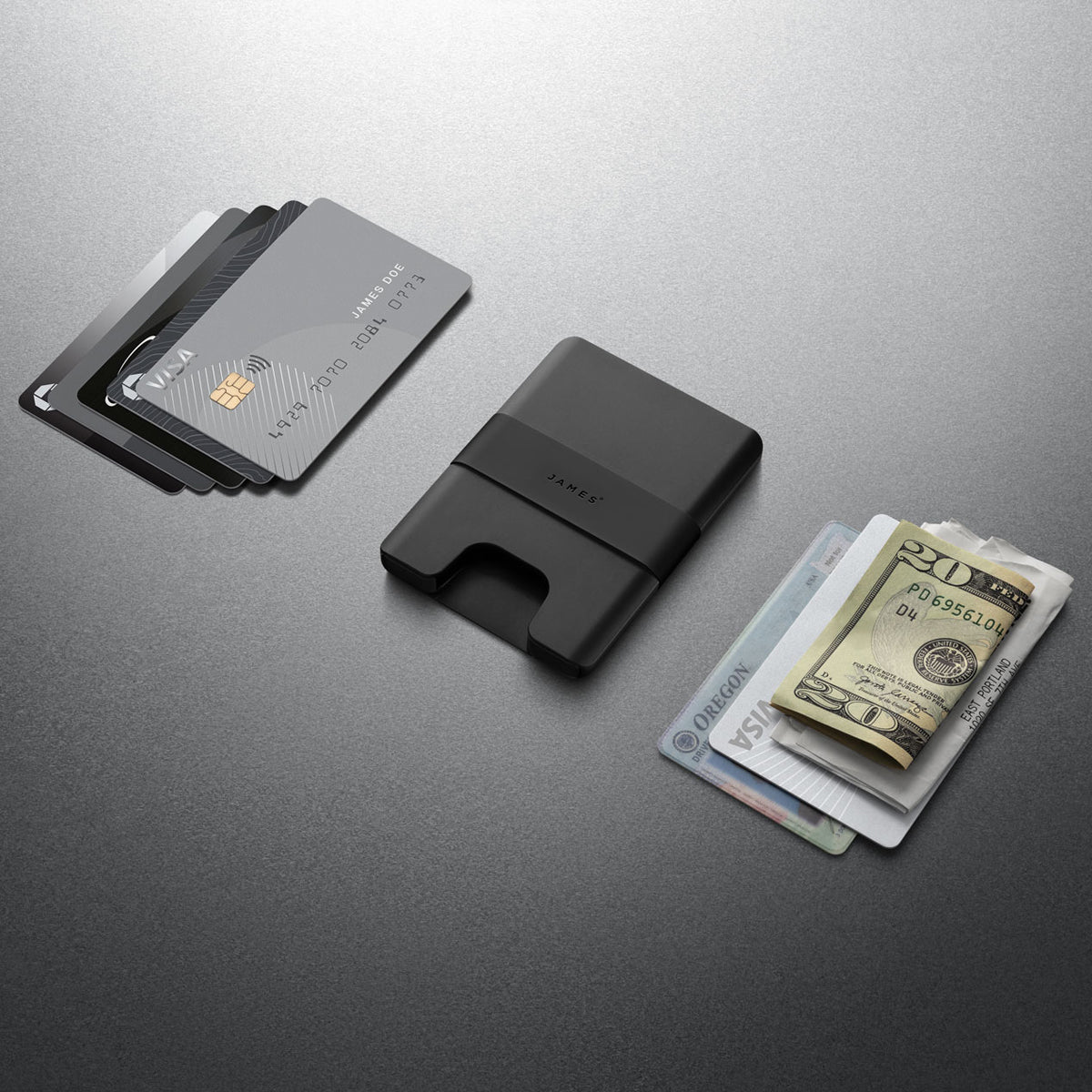 Black cardholder with cards and money on a gray background