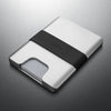 Silver wallet with black strap on a gray background