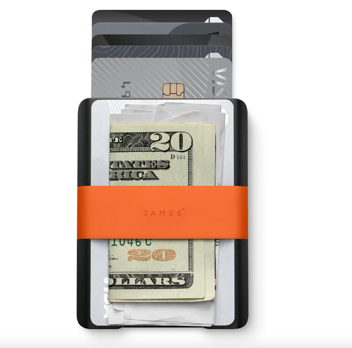 Money clip with orange band holding a $20 bill on a white background