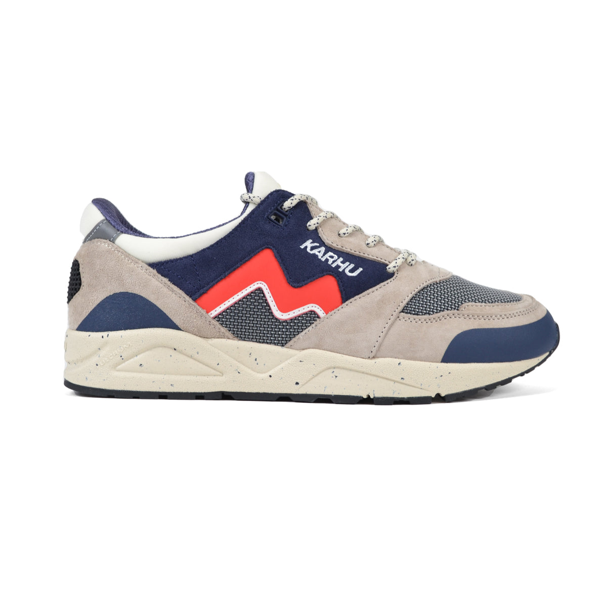 Karhu sneaker with red, blue, and gray design on a white background