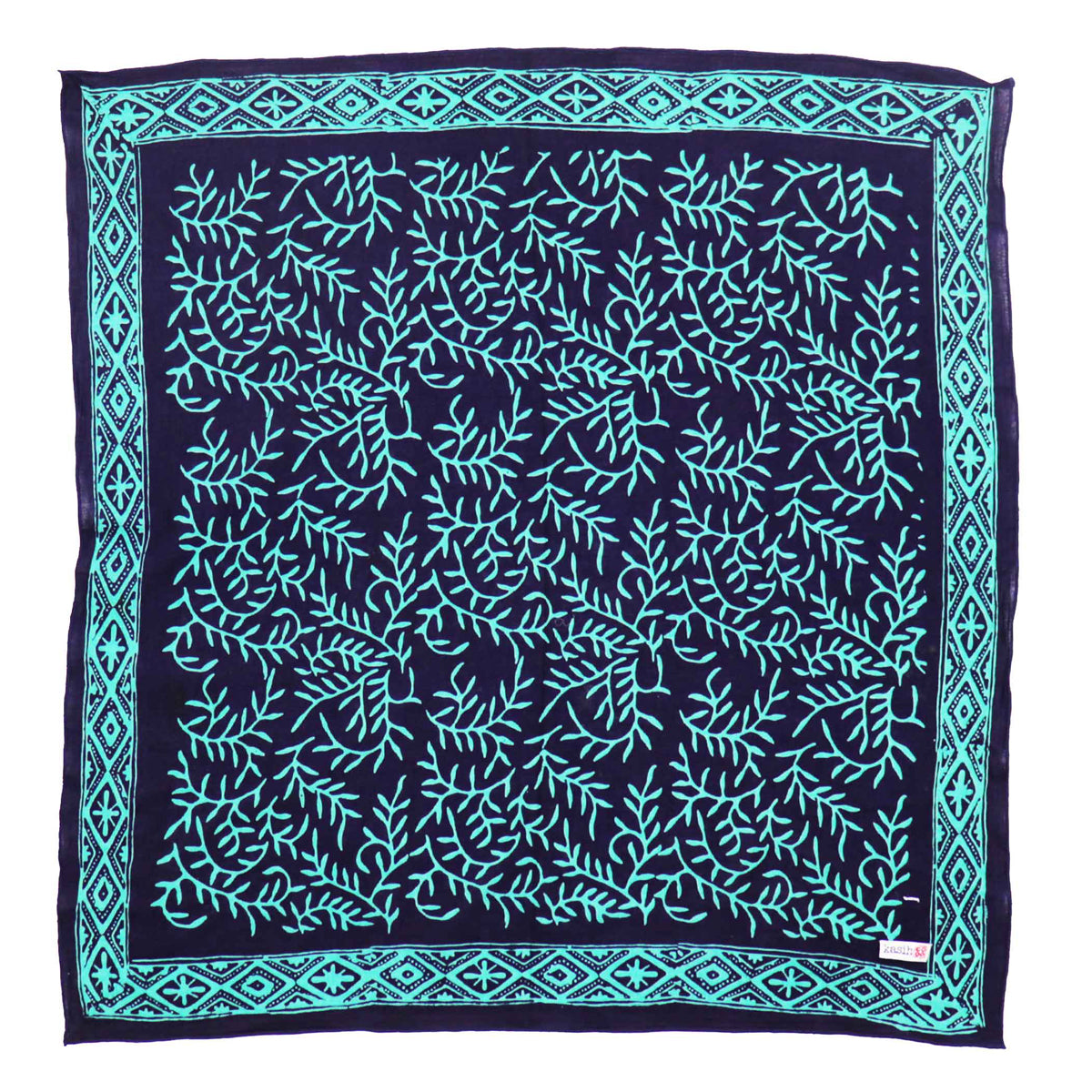 Navy blue square bandana with light blue leaf pattern