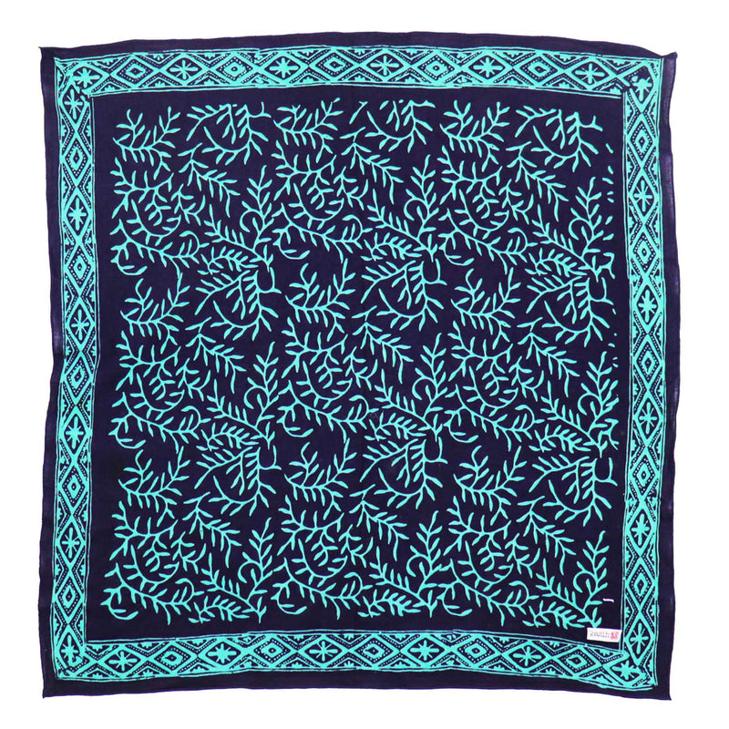 Navy blue square bandana with light blue leaf pattern
