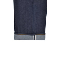 Close-up of a blue denim fabric with a white stripe on a white background