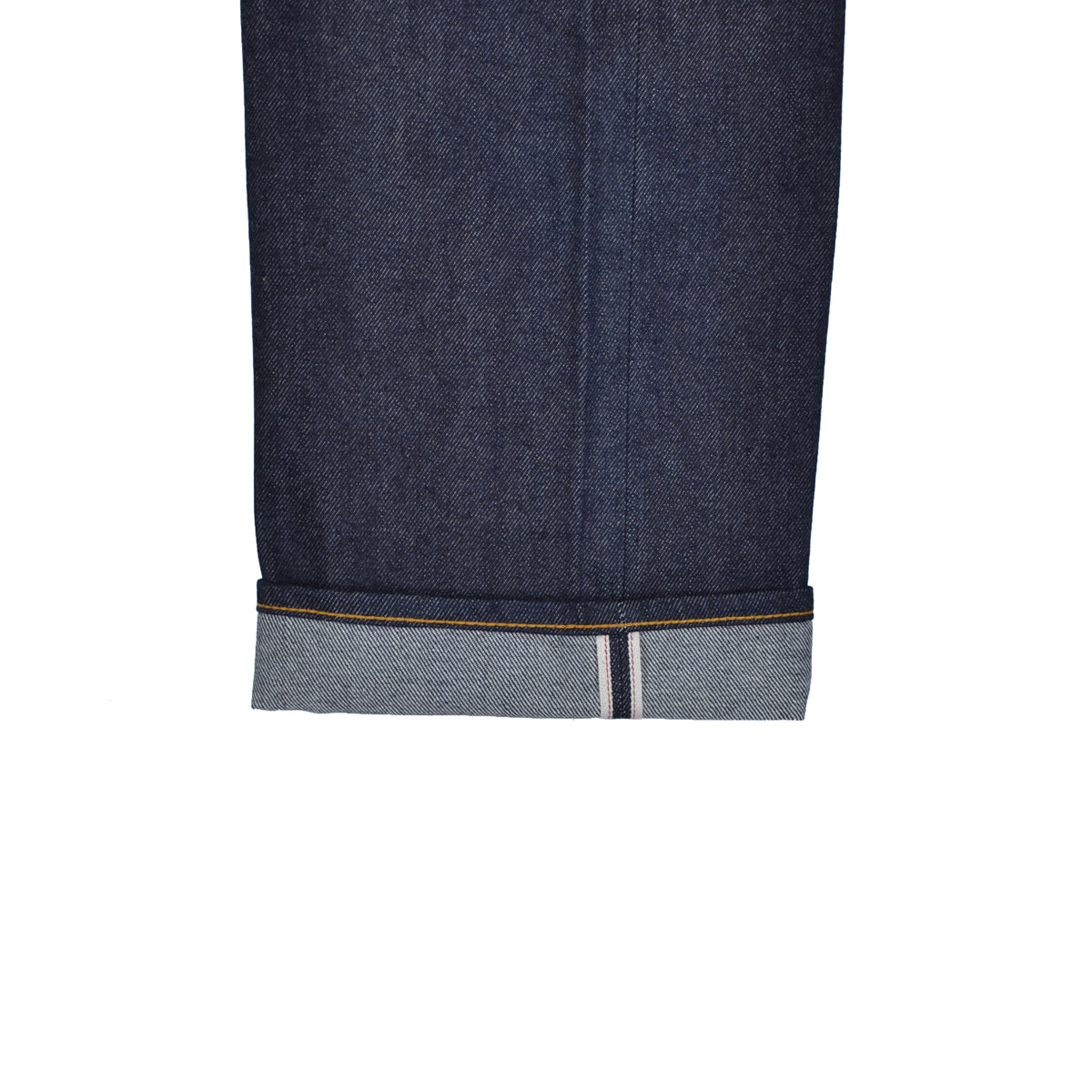 Close-up of a blue denim fabric with a white stripe on a white background