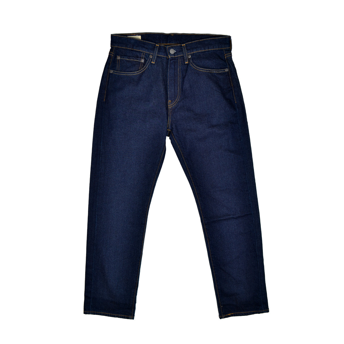 Pair of dark Levi's blue jeans on a white background