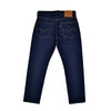 Back view of a pair of Levi's blue jeans on a white background