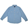 Blue denim shirt with button details on a white background