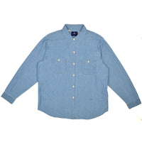 Blue denim shirt with button details on a white background