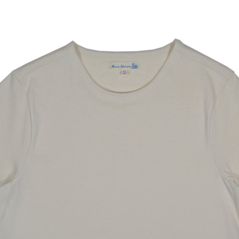 Beige t-shirt with a brand logo on a white background