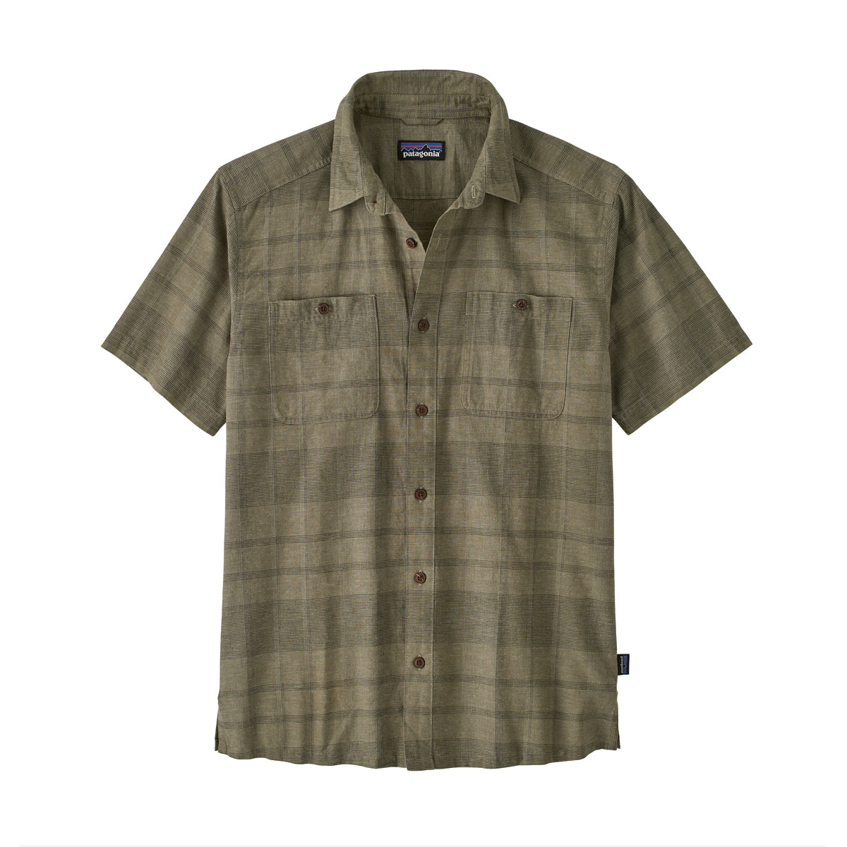 Green plaid shirt with button details on a white background