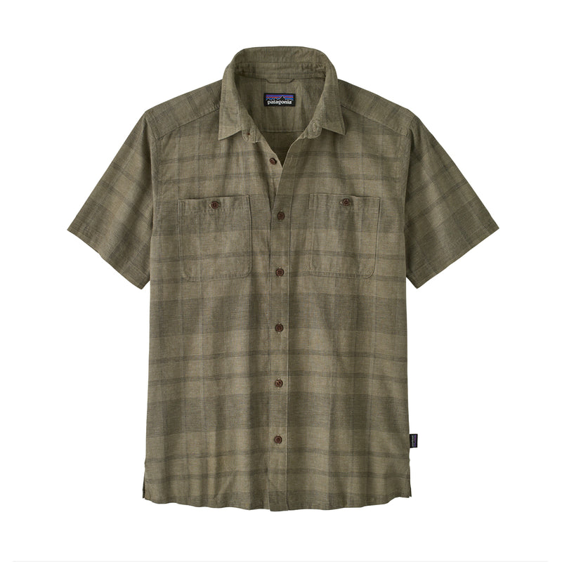 Green plaid shirt with button details on a white background