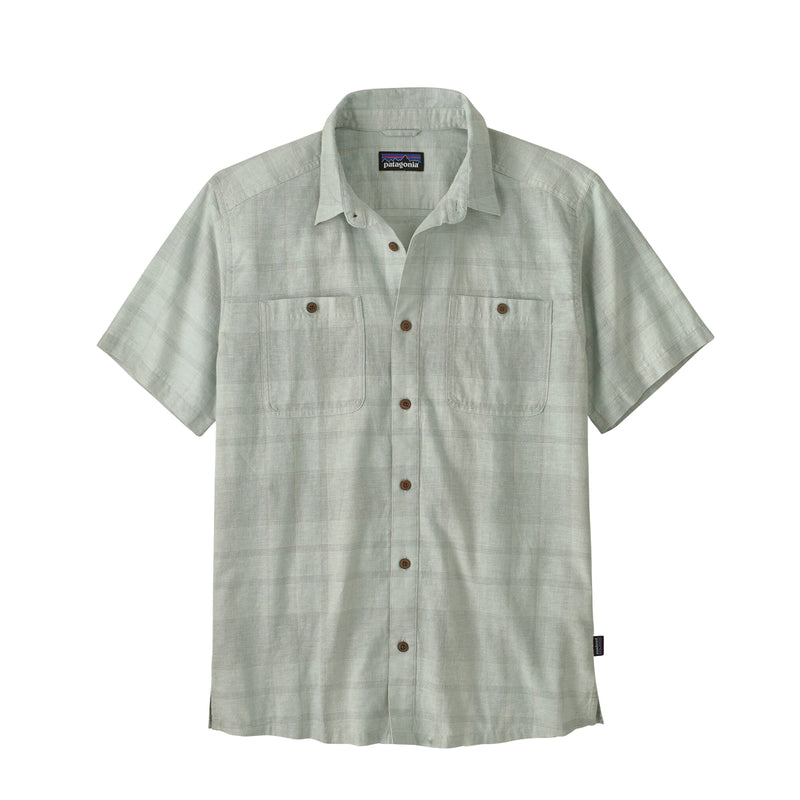 Short-sleeve button-up shirt with plaid pattern on a white background