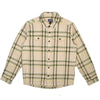 Plaid shirt with green and beige pattern on a white background