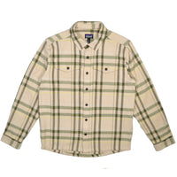 Plaid shirt with green and beige pattern on a white background