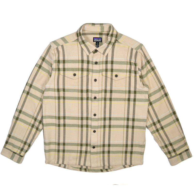 Plaid shirt with green and beige pattern on a white background