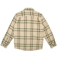 Plaid shirt with green and beige pattern on a white background