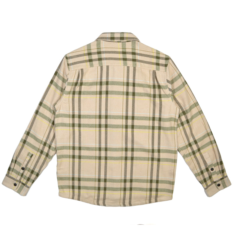 Plaid shirt with green and beige pattern on a white background