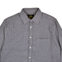 Gray button-up shirt with a collar on a white background
