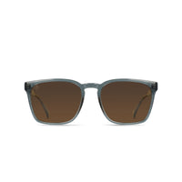 Sunglasses with brown lenses and gray frames on a white background