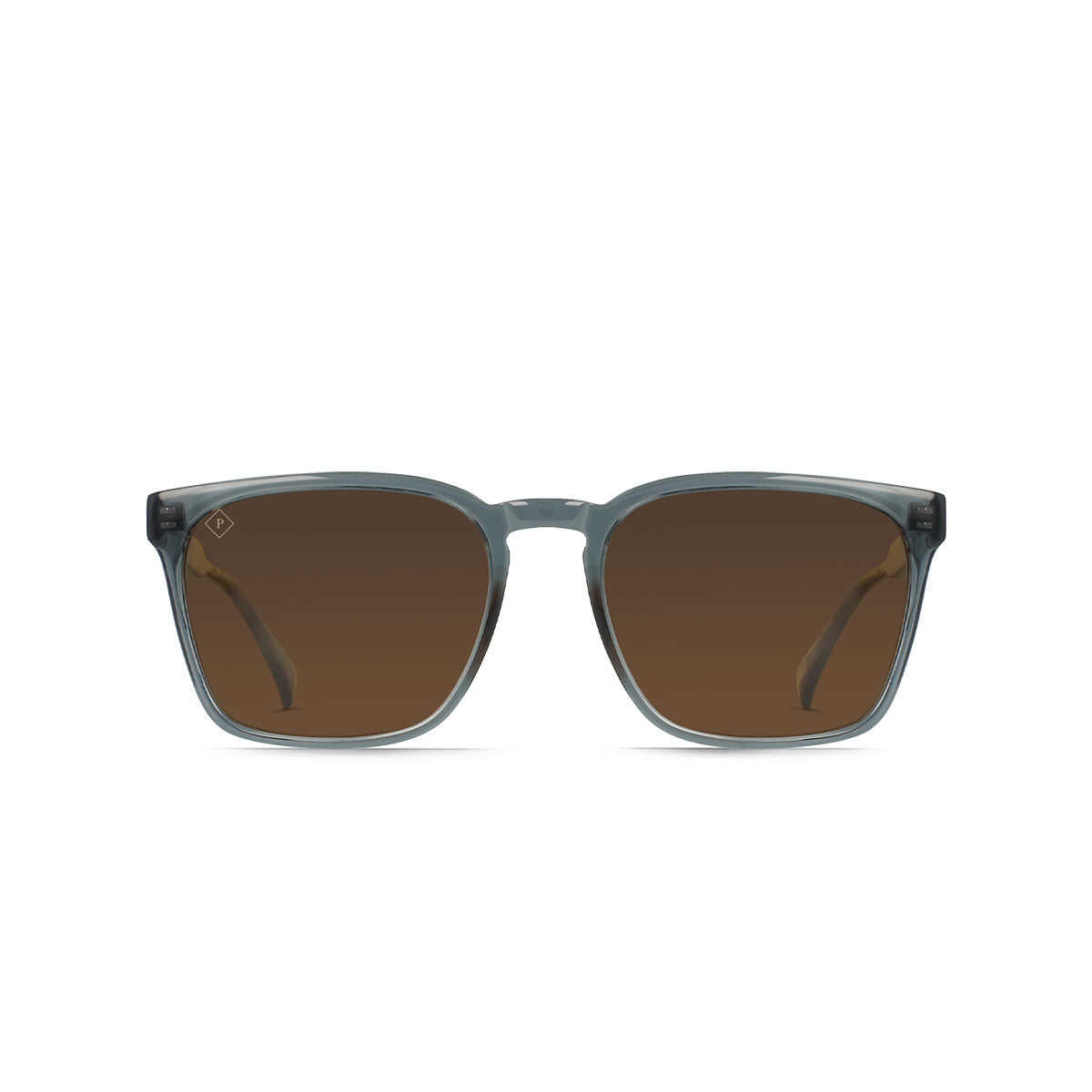 Sunglasses with brown lenses and gray frames on a white background