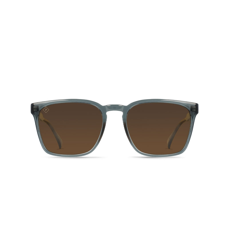 Sunglasses with brown lenses and gray frames on a white background