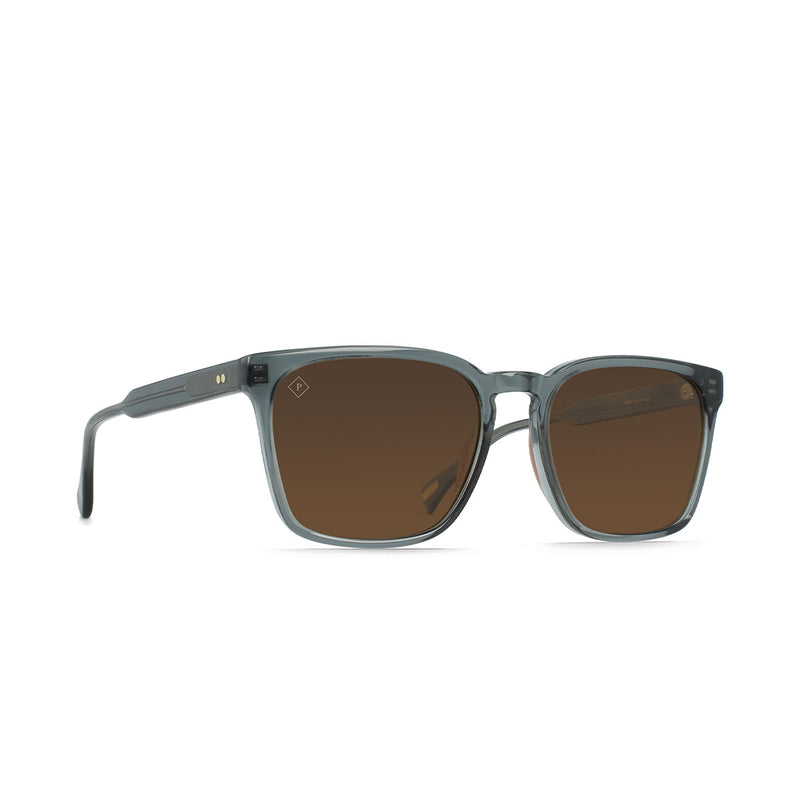 Sunglasses with brown lenses and gray frames on a white background