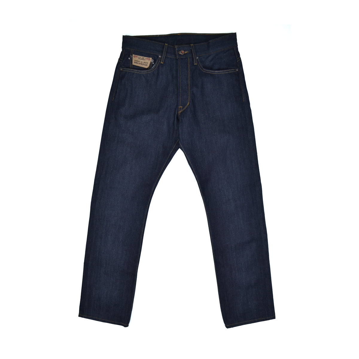 Pair of dark blue jeans on a white background