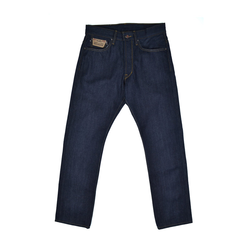 Pair of dark blue jeans on a white background