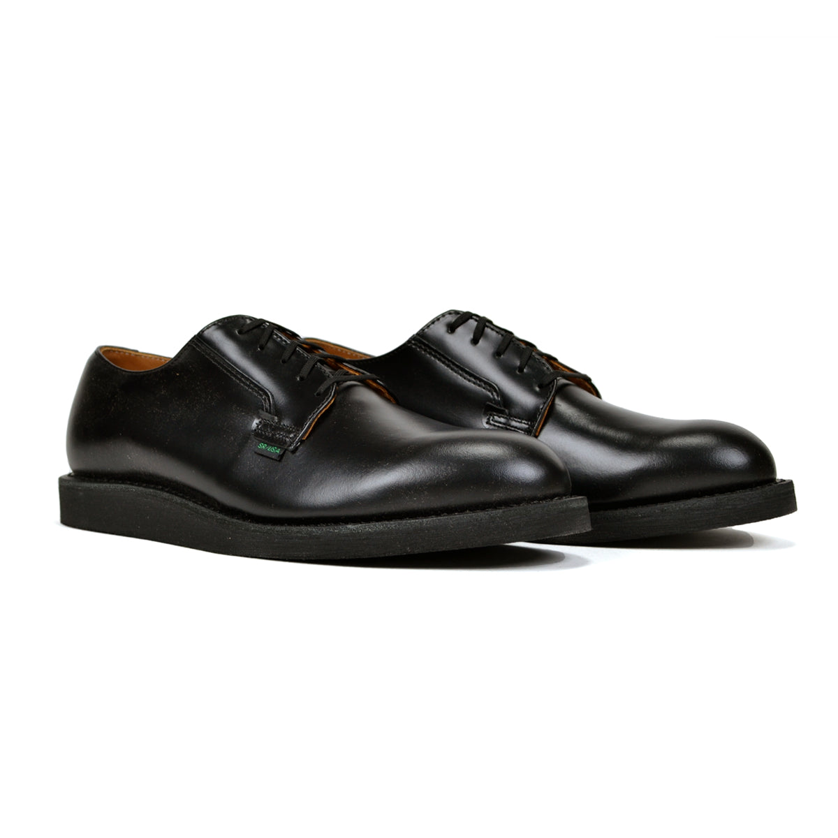 Pair of black leather shoes on a white background