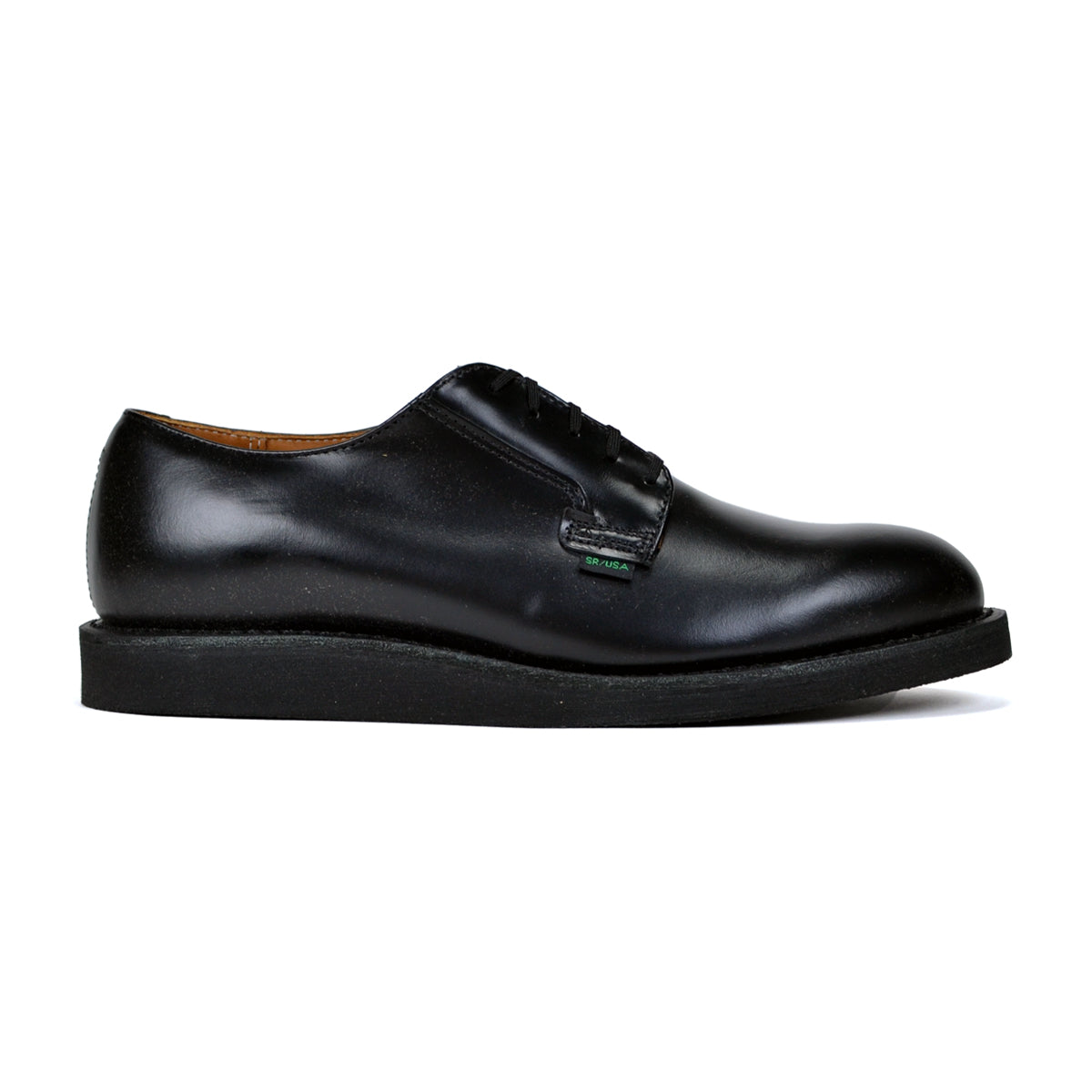 Pair of black leather shoes on a white background