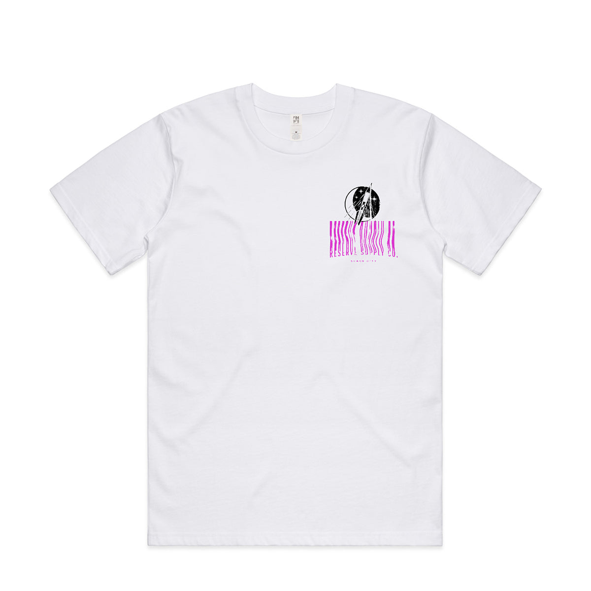 White t-shirt with a graphic design on a white background