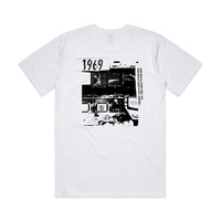 White t-shirt with black graphic design on a white background