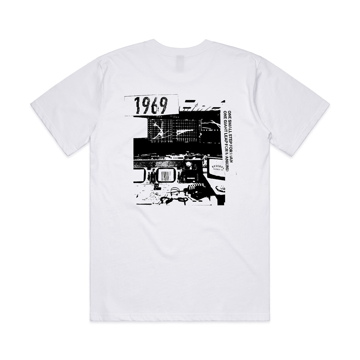 White t-shirt with black graphic design on a white background