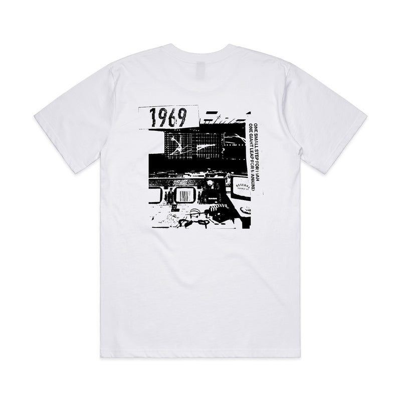 White t-shirt with black graphic design on a white background