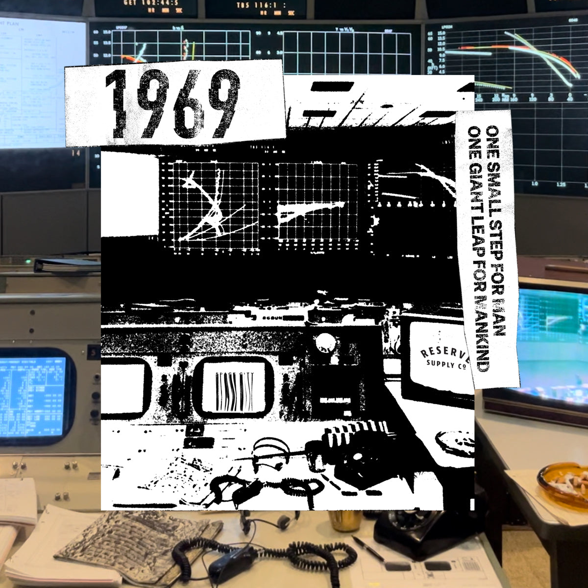 Close up of t-shirt graphic with 'Reserve Supply Space City' design in a retro-tech setting