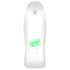 White skateboard deck with green logo on a white background