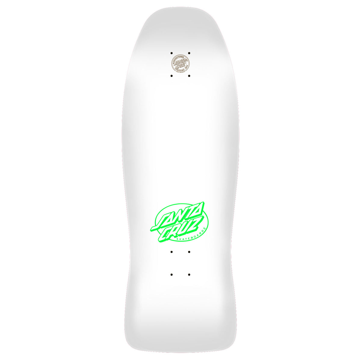 White skateboard deck with green logo on a white background