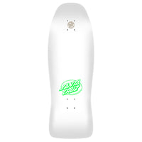 White skateboard deck with green logo on a white background