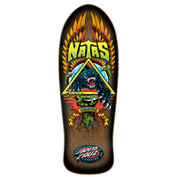 Skateboard deck with colorful design featuring a panther and text on a white background