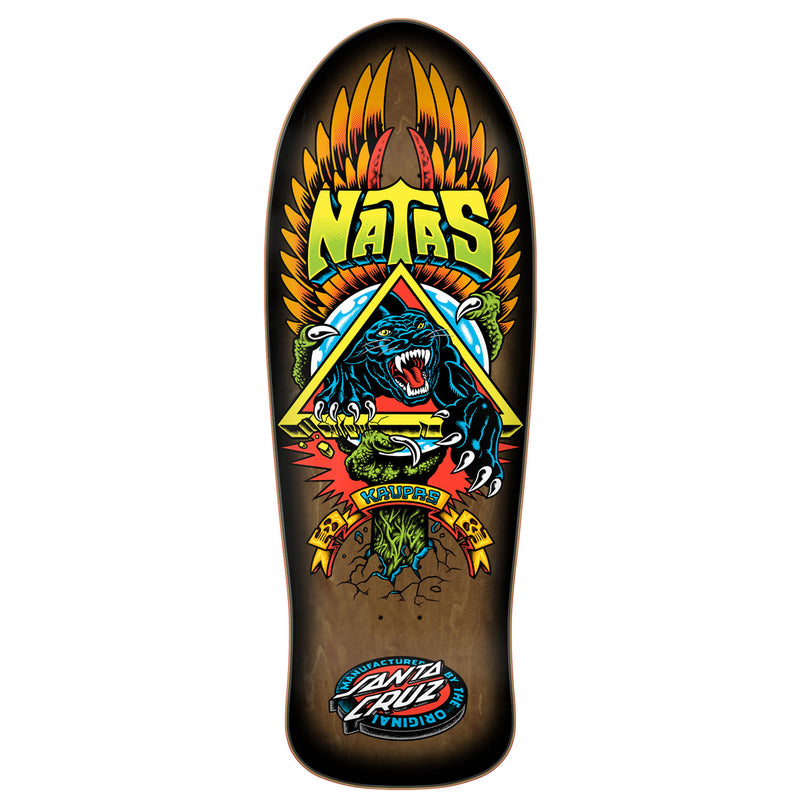 Skateboard deck with colorful design featuring a panther and text on a white background